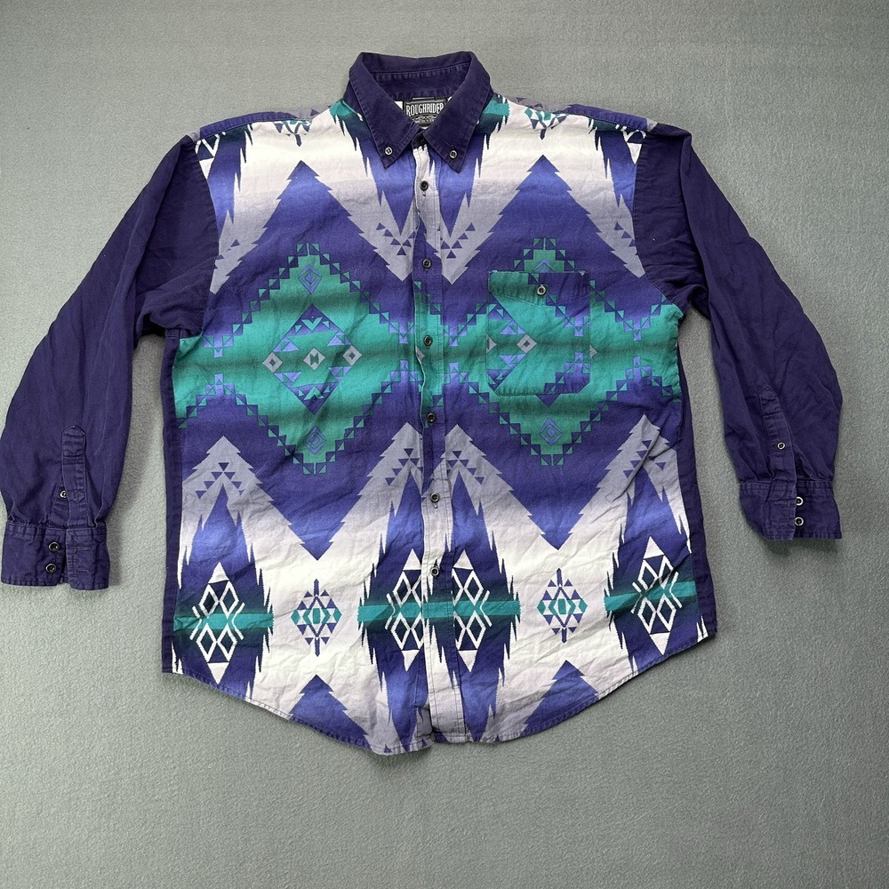 Vintage Rough Rider By Circle T Men Sz Large Western Cowboy Aztec Shirt Button